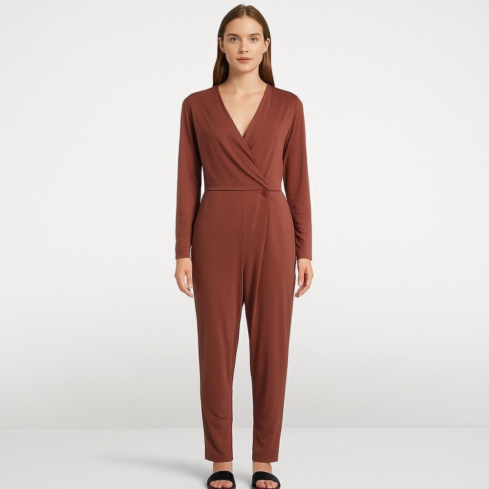 Revolve by Malene Birger Slinky Brown Wrap Front Jumpsuit (no button)